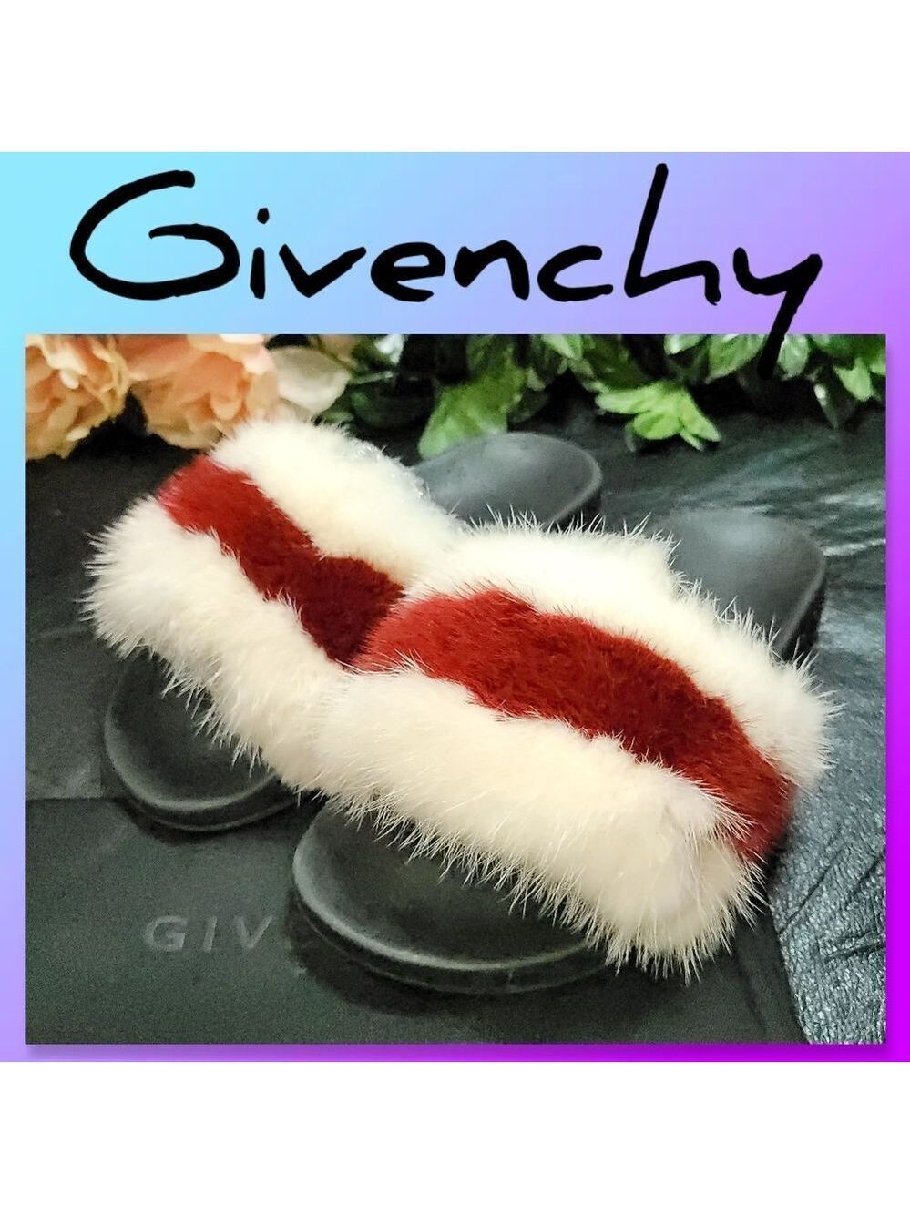 GIVENCHY Fox Fur Tisci fox fur red whitedebossed logo black slides
